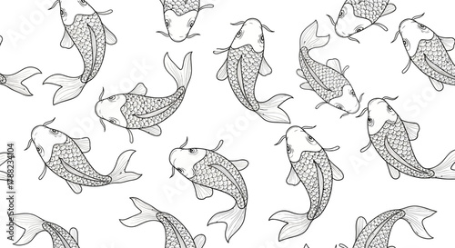 Elegant hand drawn koi fish pattern on white background, symbolizing tranquility and prosperity