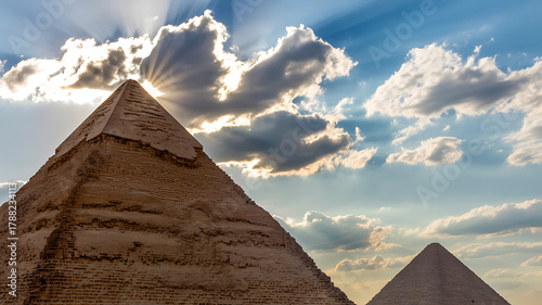 Pyramid of giza with sunrays