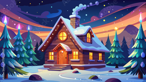Charming snow-covered cottage glowing warmly with colorful holiday lights, surrounded by snowy pine trees under a starlit sky. A tranquil winter night scene radiating warmth, joy, and holiday magic