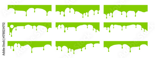 Slime set green background with halloween jelly splash and snot frame texture. Liquid transparent glue with slime design and set green elements for white bubble. Comic jell aesthetic for halloween