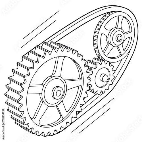 Synchronized toothed belt and gears mechanism illustration