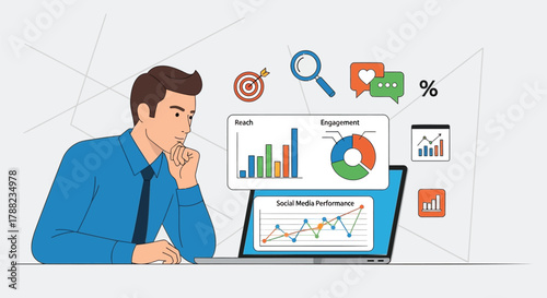 Man analyzing social media performance data on laptop with charts engagement reach and icons for target and search
