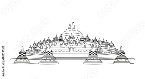 Monochrome Sketch of Borobudur Temple, Detailed Architectural Outlines and Contours for Coloring