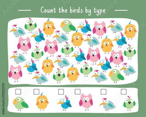 Math game for children with cute cartoon birds, Logical activities for kids, Count the number of birds. Vector illustration.