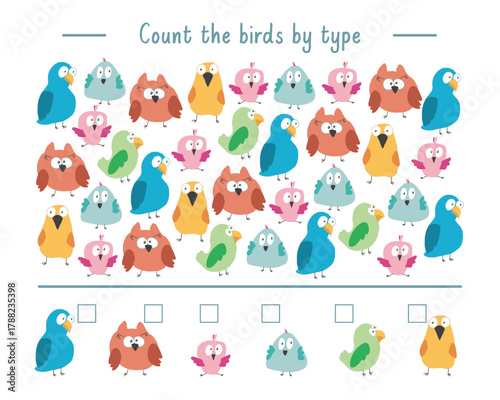 Math game for children with cute cartoon birds, Logical activities for kids, Count the number of birds. Vector illustration.