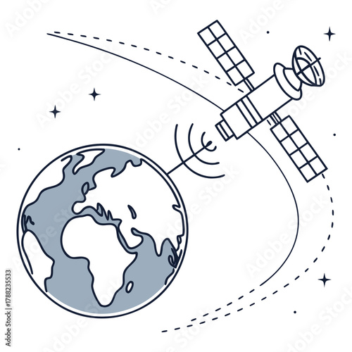 Satellite orbiting earth sending signals through space