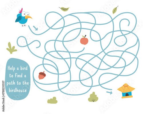 Labyrinth, Maze game for children. Logical puzzle for kids. Quest to find the right path for a bird to the bird house. Vector illustration