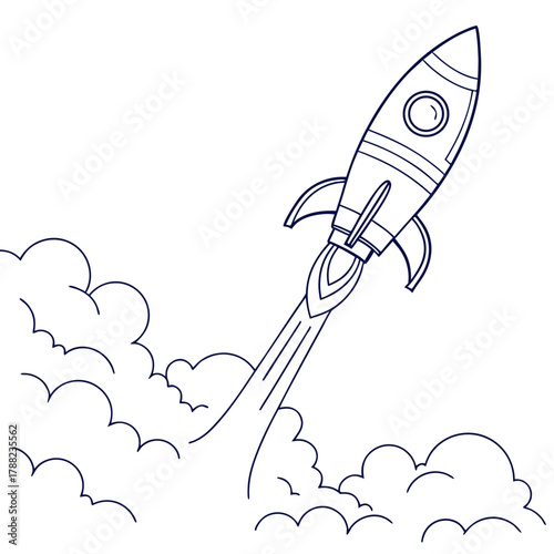 Simple line art rocket launching into space with smoke trails