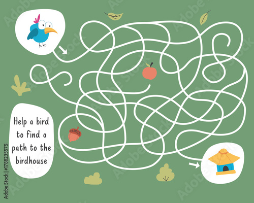 Labyrinth, Maze game for children. Logical puzzle for kids. Quest to find the right path for a bird to the bird house. Vector illustration