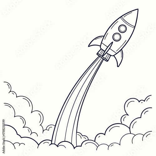 Black and white rocket launching through clouds