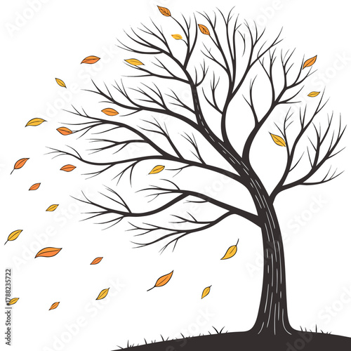 Bare autumn tree with falling leaves in the wind