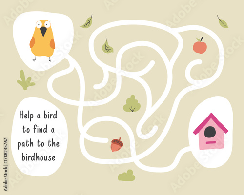 Labyrinth, Maze game for children. Logical puzzle for kids. Quest to find the right path for a bird to the birdhouse. Vector illustration