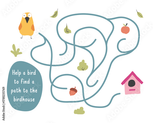 Labyrinth, Maze game for children. Logical puzzle for kids. Quest to find the right path for a bird to the birdhouse. Vector illustration