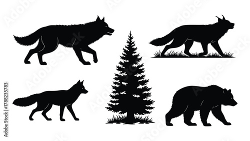 Forest wildlife silhouettes isolated on white background, Vector