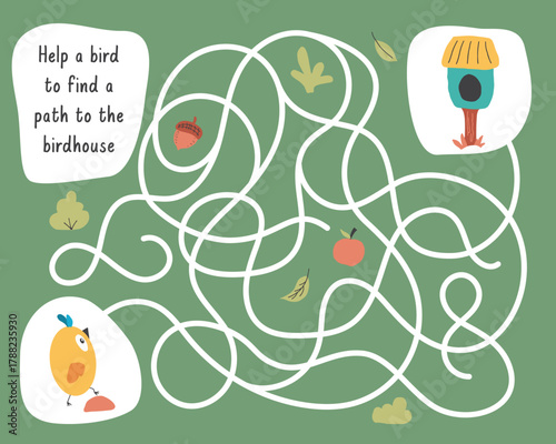 Labyrinth, Maze game for children. Logical puzzle for kids. Quest to find the right path for a bird to the birdhouse. Vector illustration