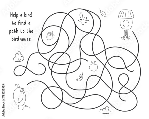 Labyrinth, Maze game for children. Logical puzzle for kids. Quest to find the right path for a bird to the birdhouse. Vector illustration