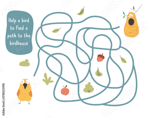 Labyrinth, Maze game for children. Logical puzzle for kids. Quest to find the right path for a bird to the birdhouse. Vector illustration