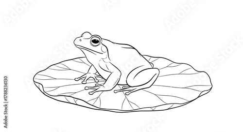 Elegant line art illustration of a serene frog perched on a detailed lily pad outline