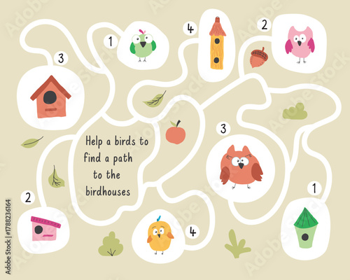 Labyrinth, Maze game for children. Logical puzzle for kids. Quest to find the right path for a bird to the birdhouse. Vector illustration