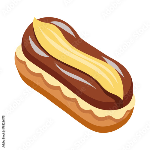 Vector illustration of eclair pastry with cream filling on white background