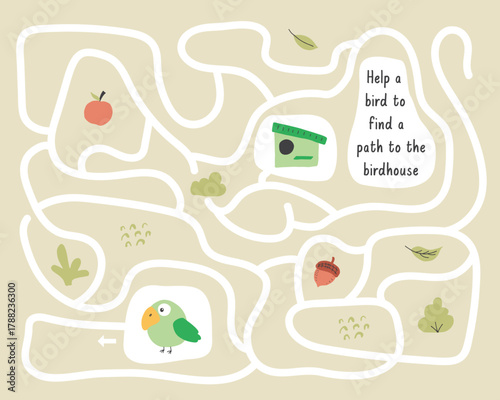 Labyrinth, Maze game for children. Logical puzzle for kids. Quest to find the right path for a bird to the birdhouse. Vector illustration