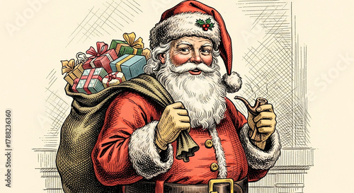Traditional Santa Claus with gifts bag and pipe