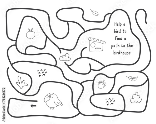 Labyrinth, Maze game for children. Logical puzzle for kids. Quest to find the right path for a bird to the birdhouse. Vector illustration