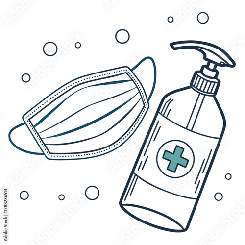 Medical mask and hand sanitizer bottle with bubbles