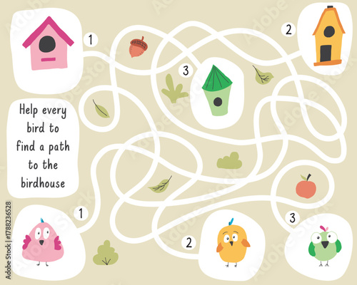 Labyrinth, Maze game for children. Logical puzzle for kids. Quest to find the right path for a bird to the birdhouse. Vector illustration