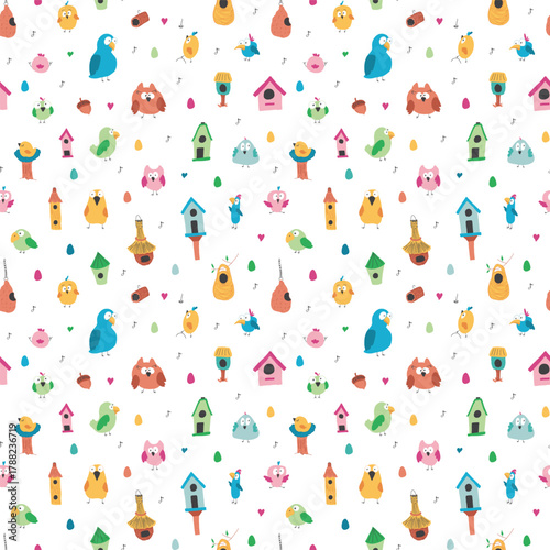 Cute birds and their birdhouses seamless pattern. Cute Cartoon birds background. Vector Illustration.
