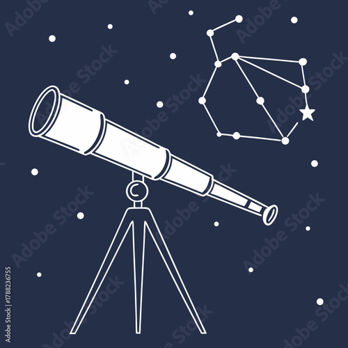 Telescope observing a constellation against a starry night sky