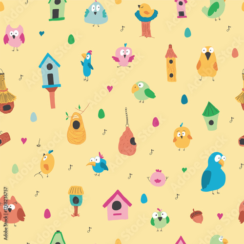 Cute birds and their birdhouses seamless pattern. Cute Cartoon birds background. Vector Illustration.