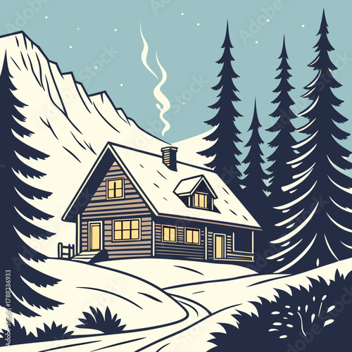 Cozy snow covered cabin in a winter forest landscape