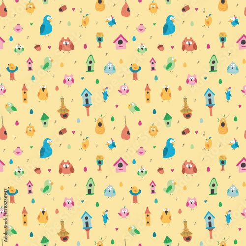 Cute birds and their birdhouses seamless pattern. Cute Cartoon birds background. Vector Illustration.
