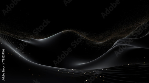 Luxury Gold Wave Particle Background, Elegant Futuristic Abstract Flowing Lines and Dots, Premium Black Dark Technology Design with Glowing Light, Dynamic Modern Vector Banner and Poster