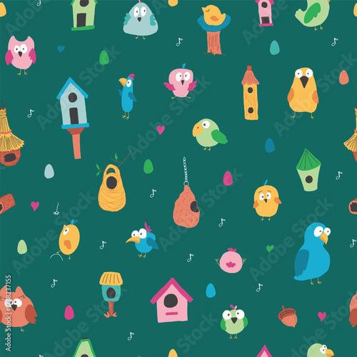 Cute birds and their birdhouses seamless pattern. Cute Cartoon birds background. Vector Illustration.