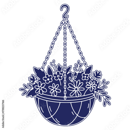 Hanging flower basket with detailed outlines and floral elements for spring decoration and botanical illustration projects