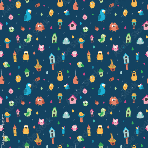 Cute birds and their birdhouses seamless pattern. Cute Cartoon birds background. Vector Illustration.