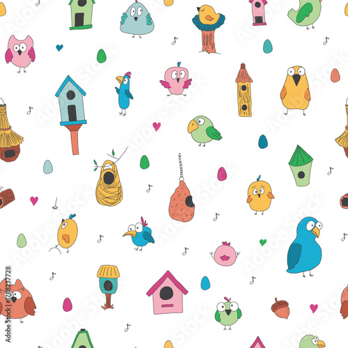 Cute birds and their birdhouses seamless pattern. Cute Cartoon birds background. Vector Illustration.