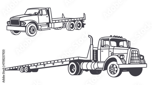 Iconic outline illustrations of flatbed haulage trucks, showcasing various transport vehicles in a monochrome graphic style, isolated on a white background