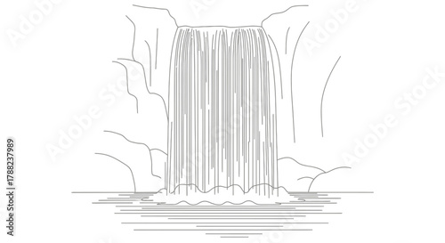 Minimalist depiction of a waterfall cascading between rocky cliffs and serene water surface