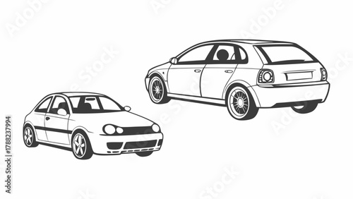 Outline illustration of two cars on a white background, classic and modern design