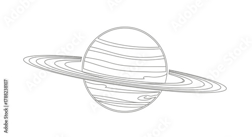 Monochrome depiction of a ringed planet reminiscent of Saturn in line art style isolated on white