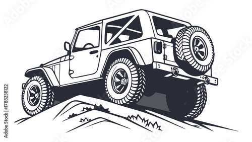 Off road vehicle climbing a dirt hill with a spare tire mounted on the back, a sturdy and rugged auto