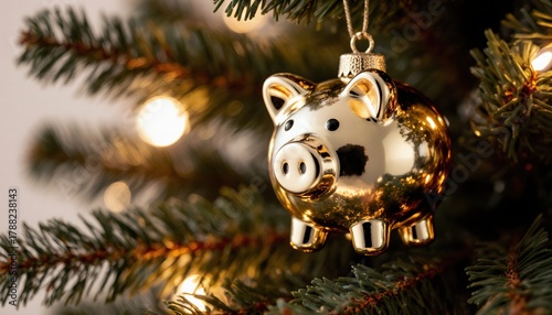 Close-Up of a Shiny Golden Piggy Bank Ornament on a Christmas Tree