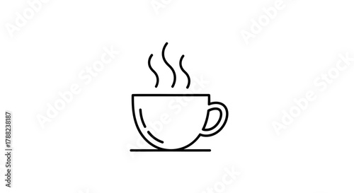 Minimalist line art illustration depicting a steaming mug of coffee or tea on white background