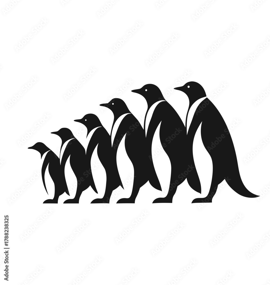 Fototapeta premium A line of five black penguins in silhouette isolated on white background isolated on transparent background