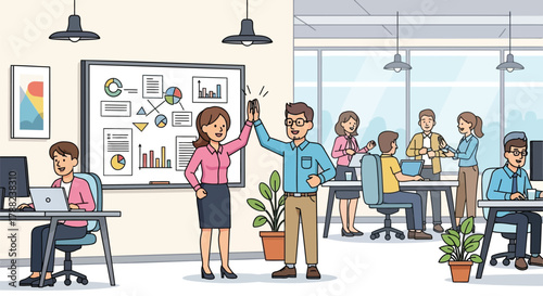 Diverse team of professionals celebrating success with high fives in a modern office environment with charts and graphs displayed on a whiteboard