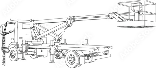 Cherry picker, boom lift, aerial platform, hydraulic arm, utility truck, cad drawing flat vector illustration