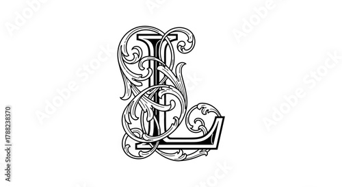 Elaborate letter art: Ornate initial "L" with swirling decorative flourishes and vintage flair